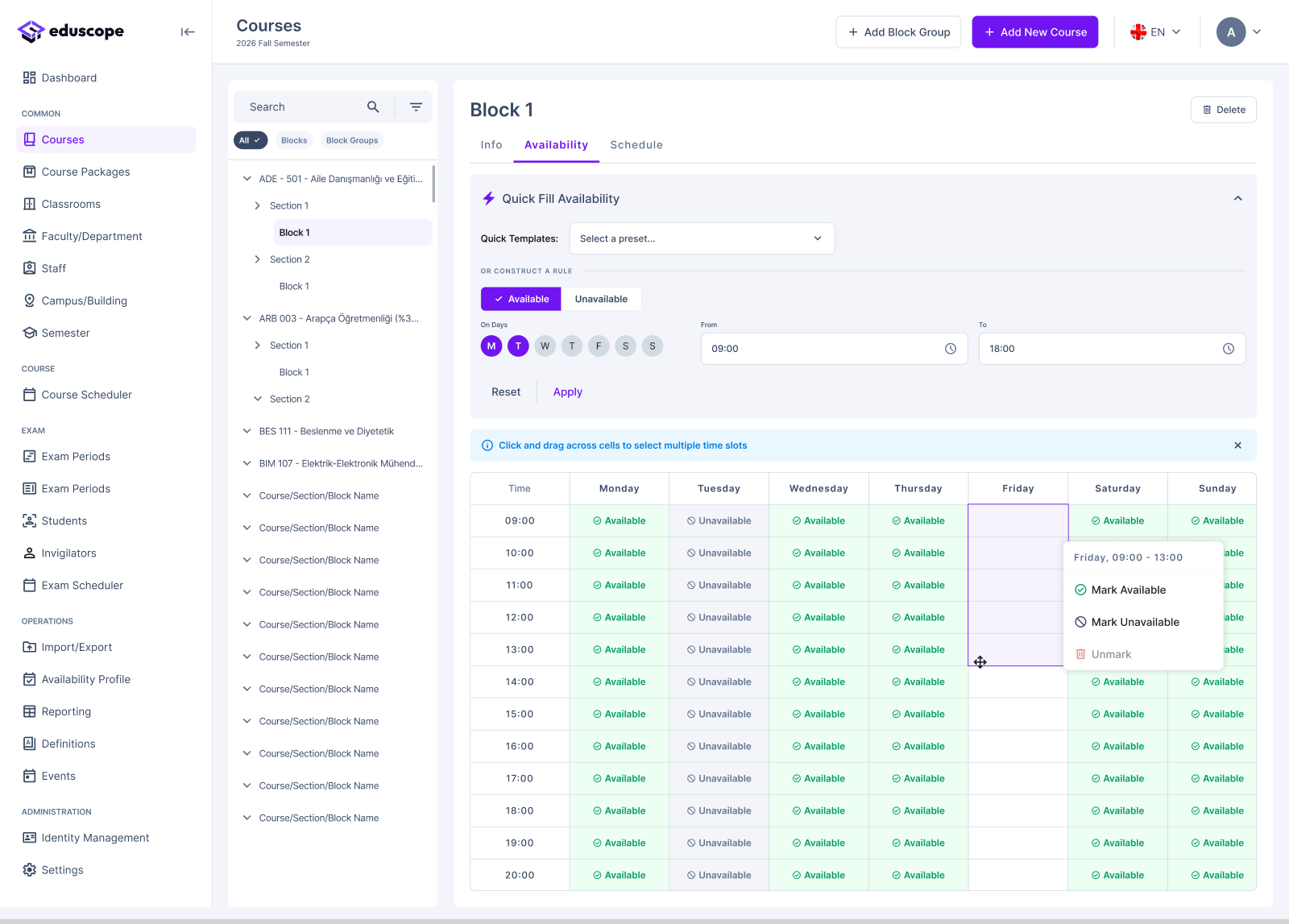 Scheduler availability tab for a course block, with quick-fill rules and a weekly grid of available and unavailable time slots.